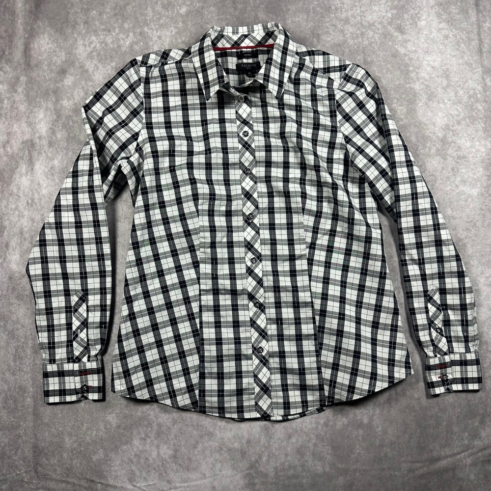 Talbots Womens 0P Black White Plaid Button Down Shirt Metallic Career Luxury